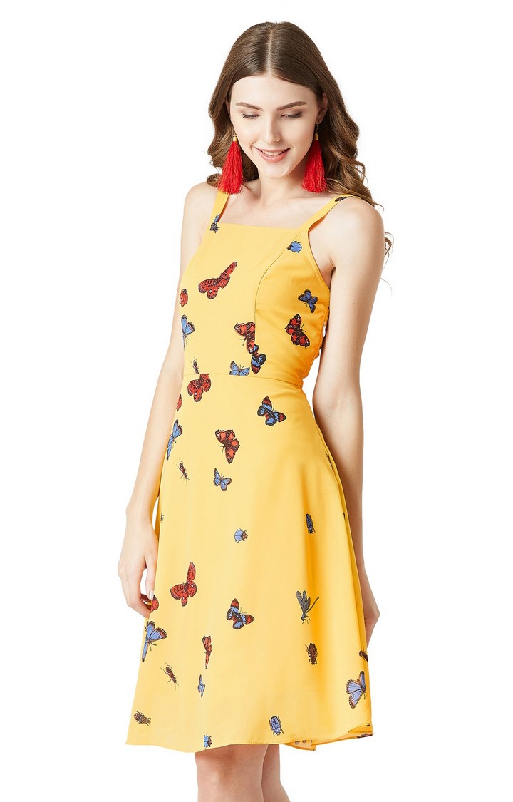 Women's Yellow Georgette PrintedCasualwear Skater Dress