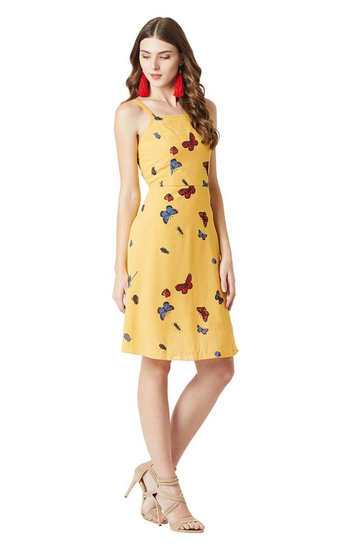 Women's Yellow Georgette PrintedCasualwear Skater Dress