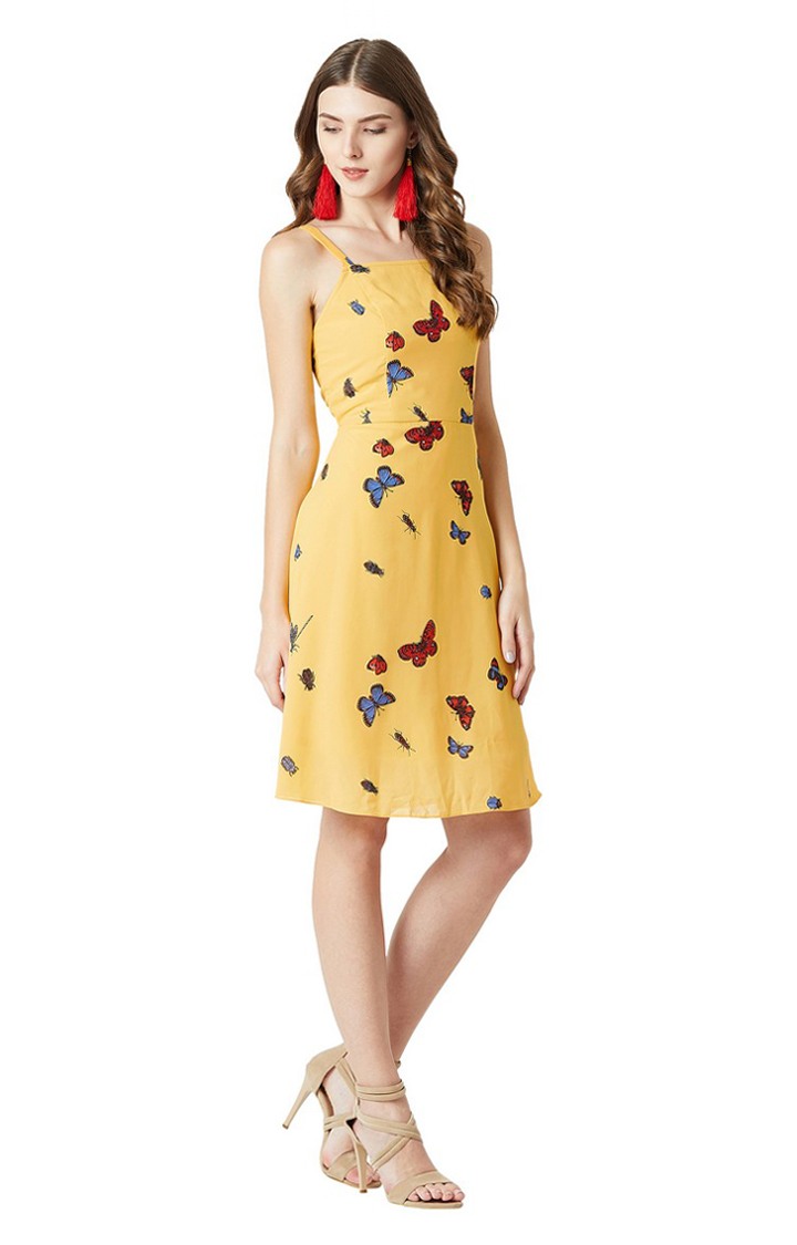 Women's Yellow Georgette PrintedCasualwear Skater Dress