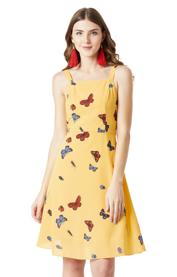 MISS CHASE | Women's Yellow Georgette PrintedCasualwear Skater Dress