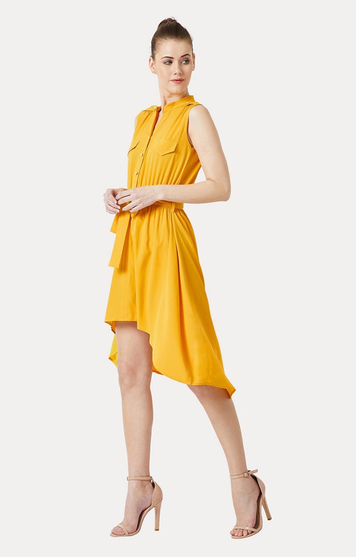 Women's Yellow Crepe SolidCasualwear Asymmetric Dress