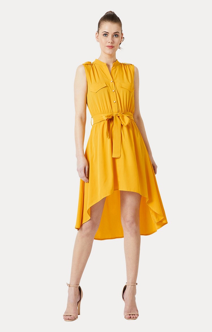 MISS CHASE | Women's Yellow Crepe SolidCasualwear Asymmetric Dress