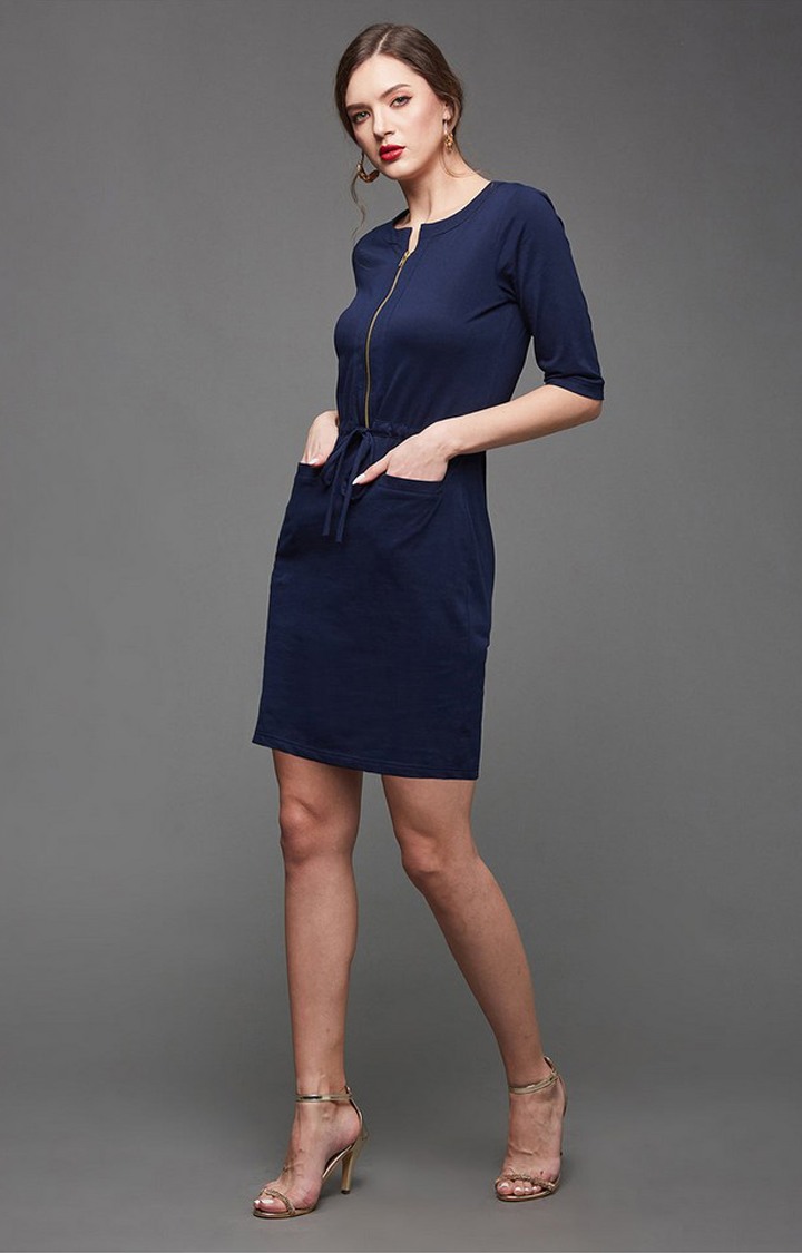 Women's Blue Polycotton SolidEveningwear Shift Dress