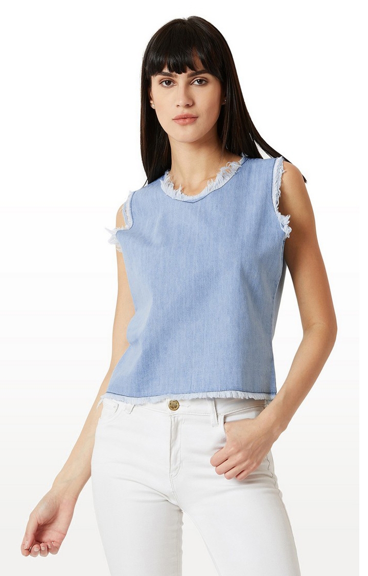 MISS CHASE | Women's Blue Denim SolidCasualwear Tops