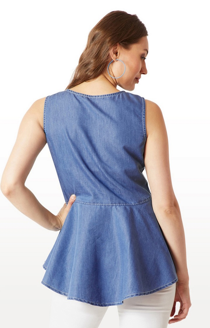 Women's Blue Denim SolidCasualwear Peplum Top