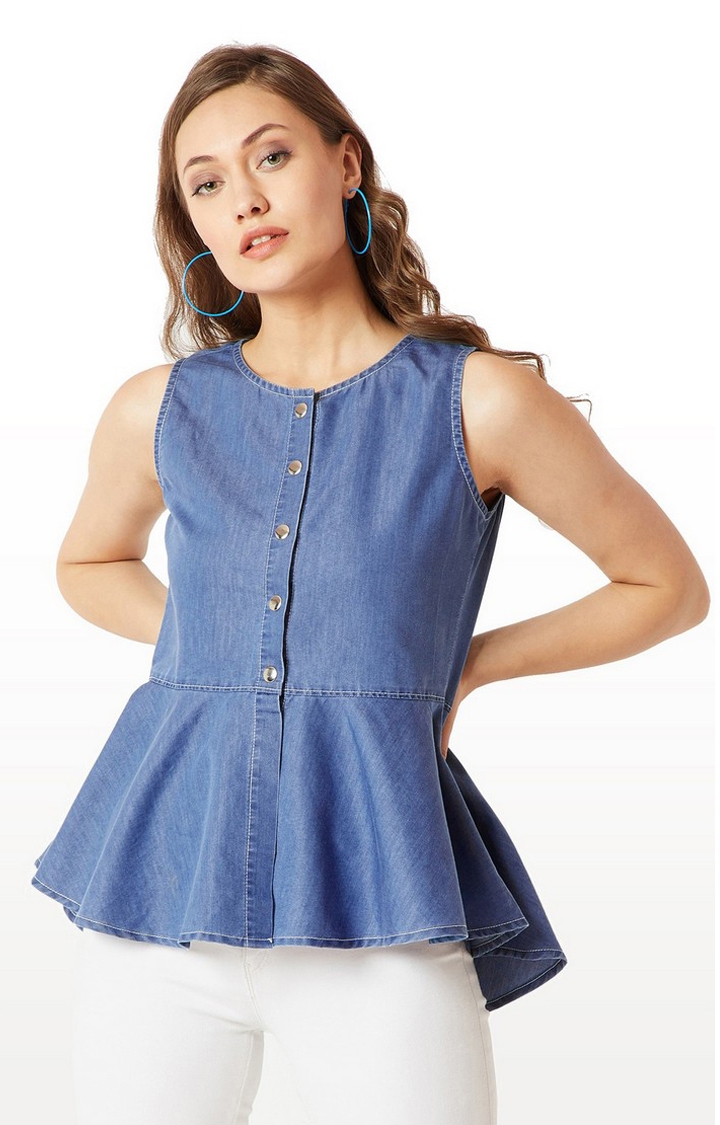 Women's Blue Denim SolidCasualwear Peplum Top
