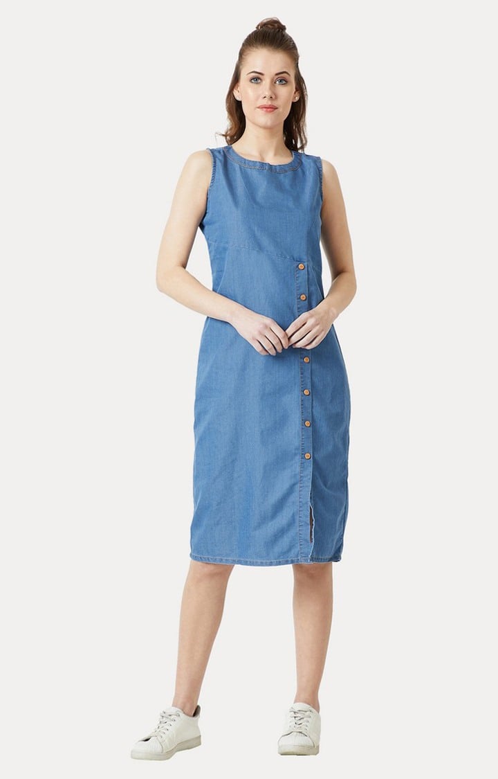 MISS CHASE | Women's Blue Denim SolidCasualwear Shift Dress