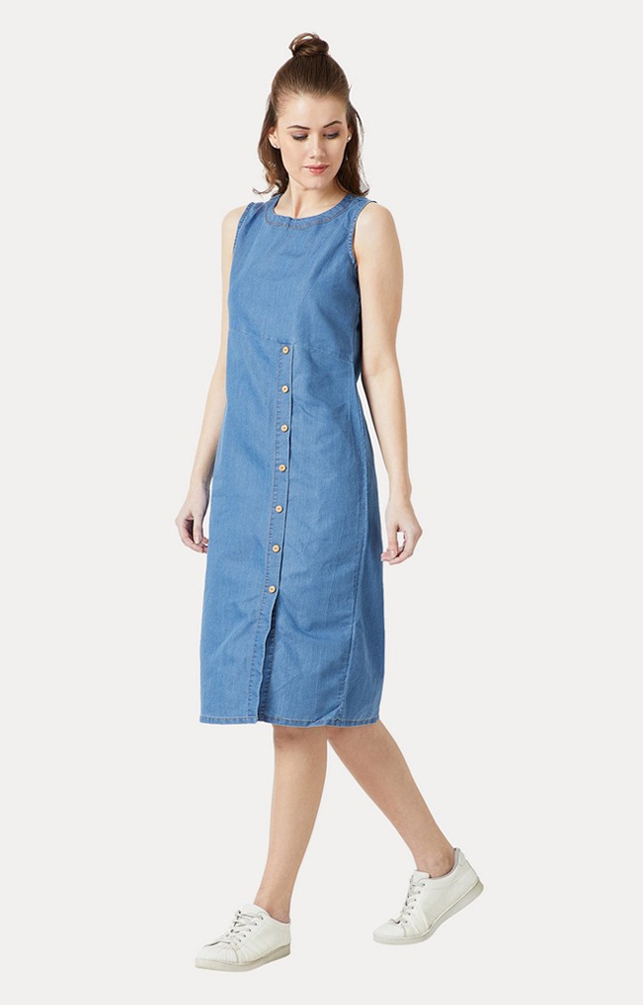 Women's Blue Denim SolidCasualwear Shift Dress