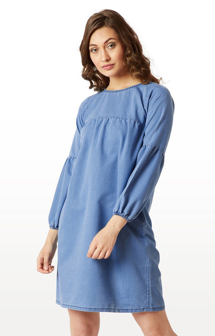 MISS CHASE | Women's Blue Denim SolidCasualwear Shift Dress