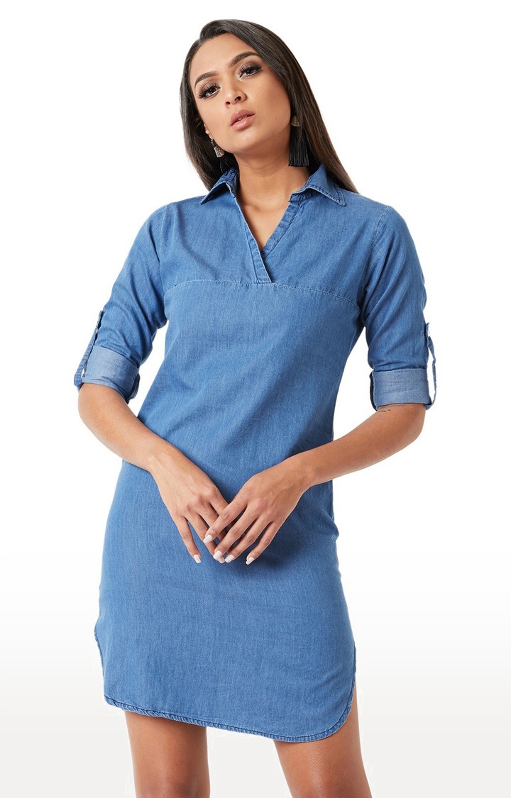MISS CHASE | Women's Blue Denim SolidCasualwear Shift Dress