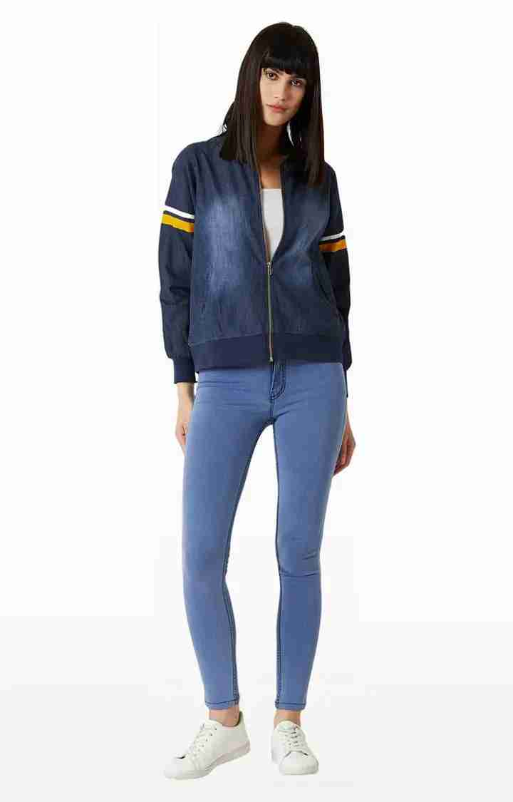 Women's Blue Denim SolidCasualwear Varsity Jackets