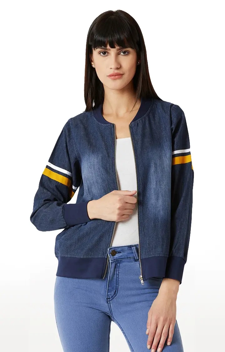 Women's Blue Denim SolidCasualwear Varsity Jackets