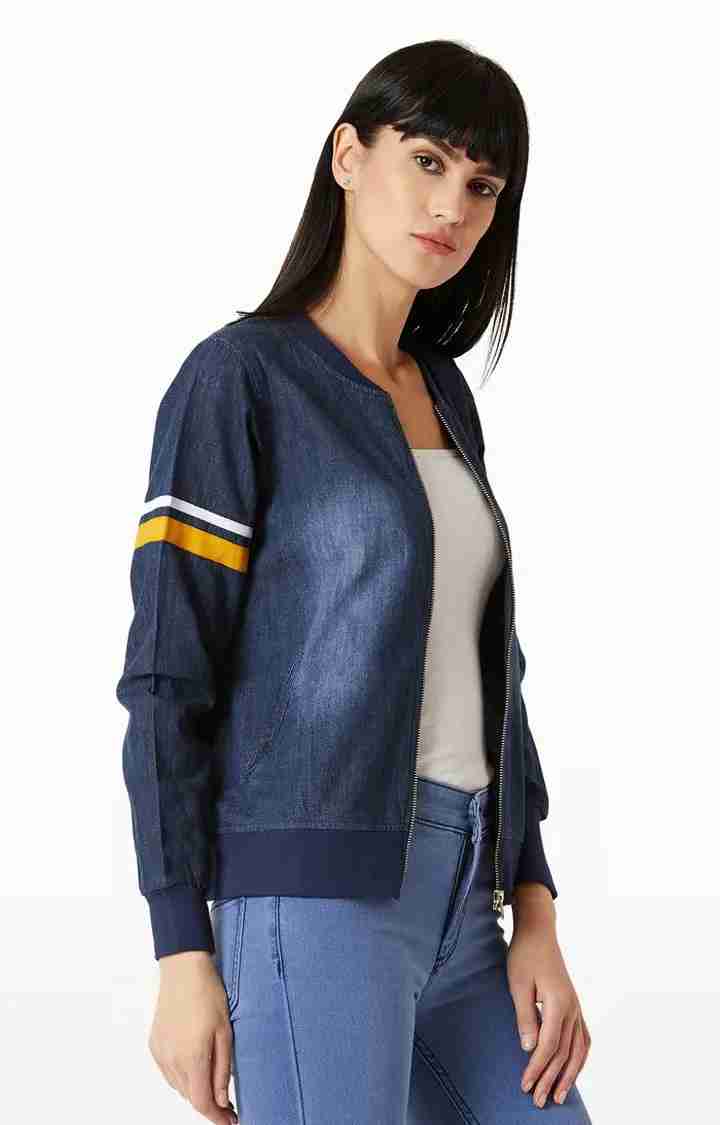Women's Blue Denim SolidCasualwear Varsity Jackets