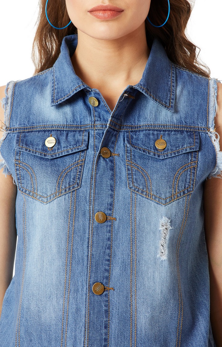 Women's Blue Denim SolidCasualwear Denim Jackets
