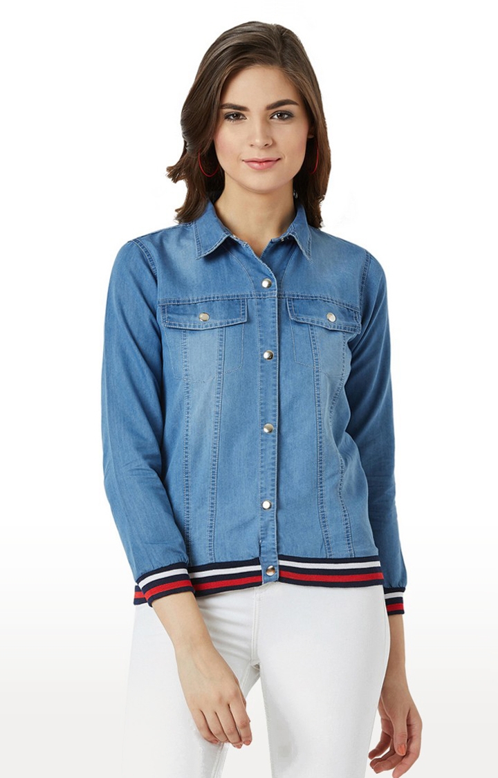 MISS CHASE | Women's Blue Denim SolidCasualwear Denim Jackets