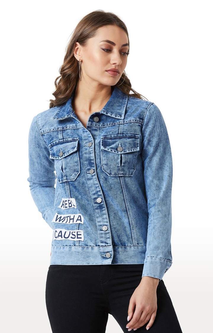 Women's Blue Solid Denim Jackets