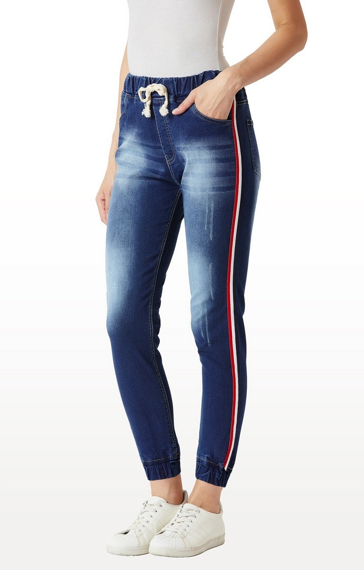 Women's Blue Solid Joggers Jeans