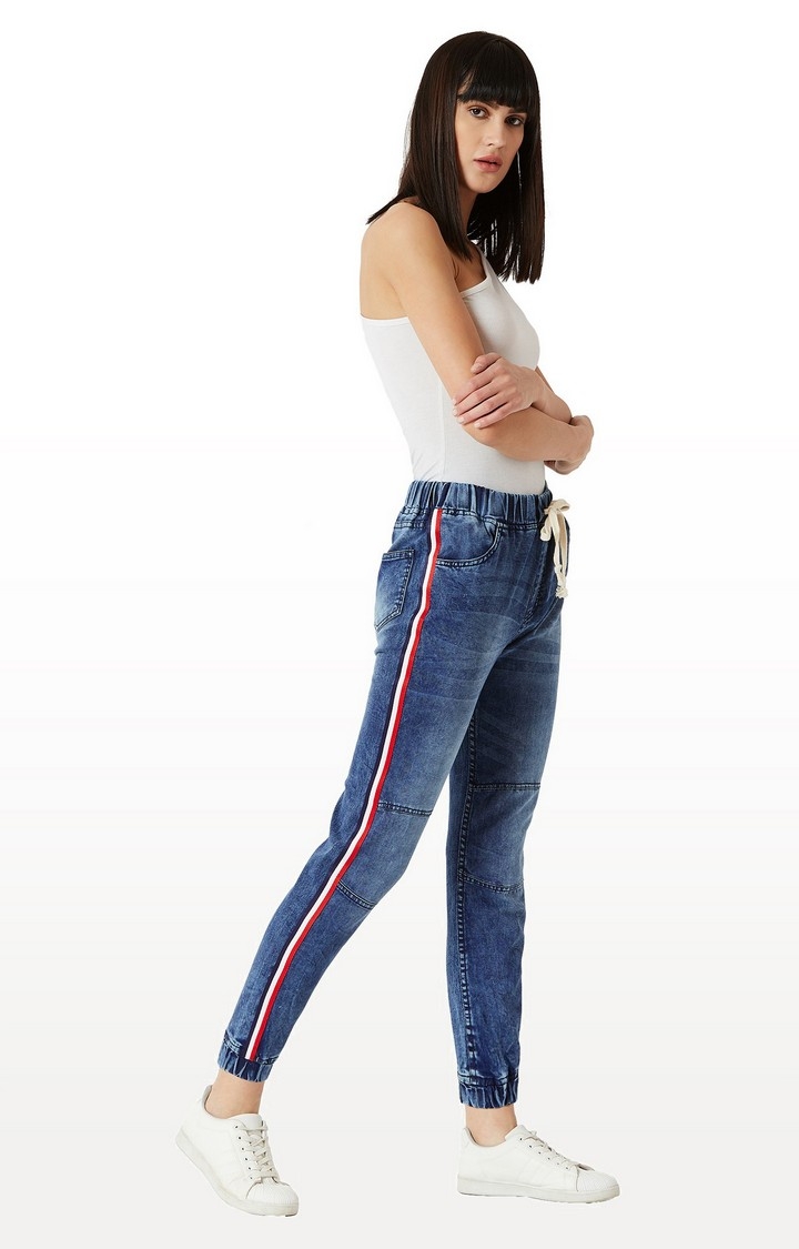 Women's Blue Solid Joggers Jeans