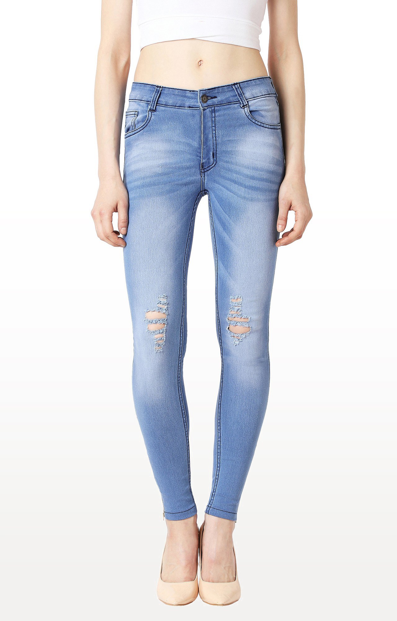 MISS CHASE | Women's Blue Solid Ripped Jeans