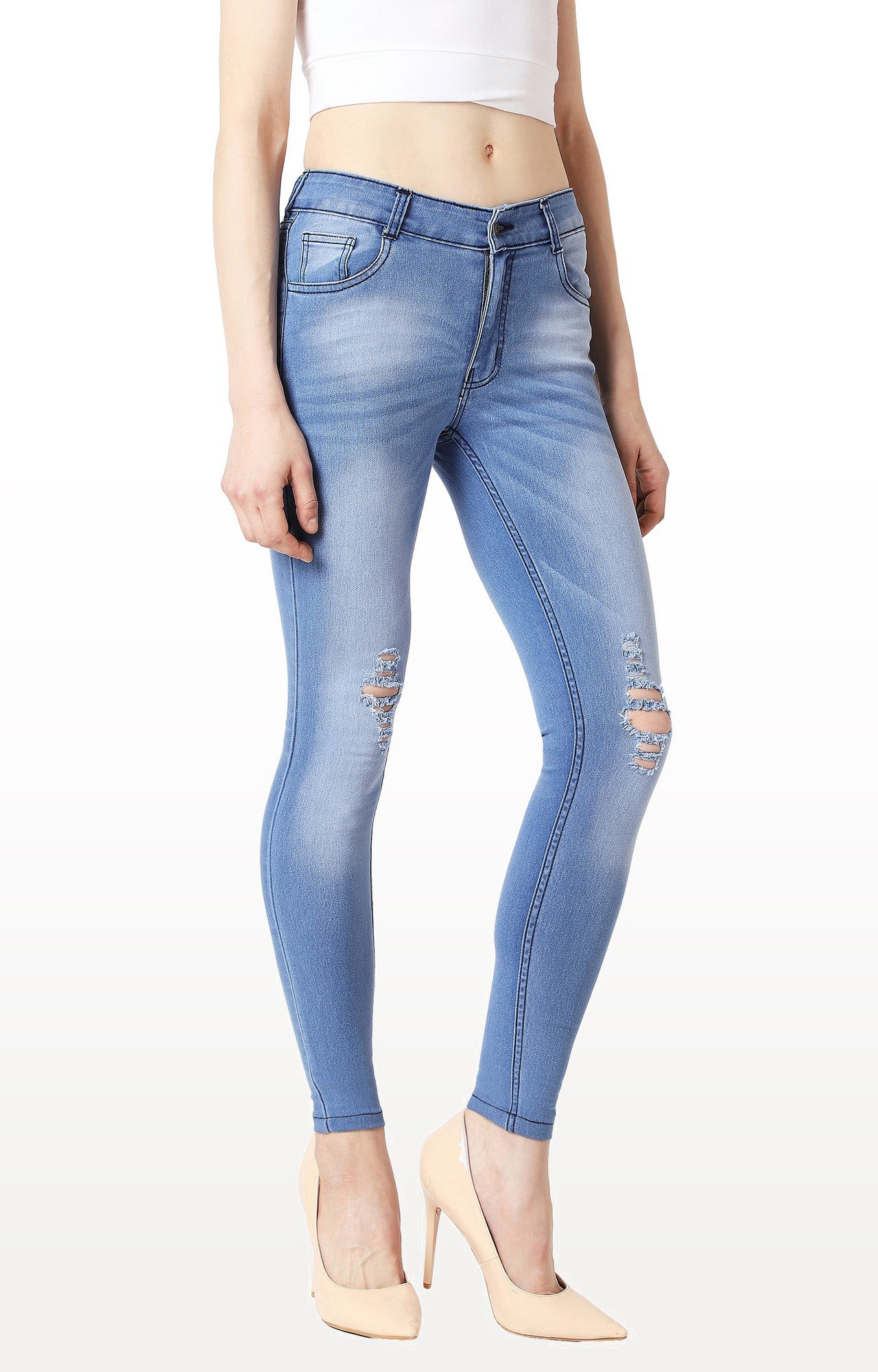 Women's Blue Solid Ripped Jeans
