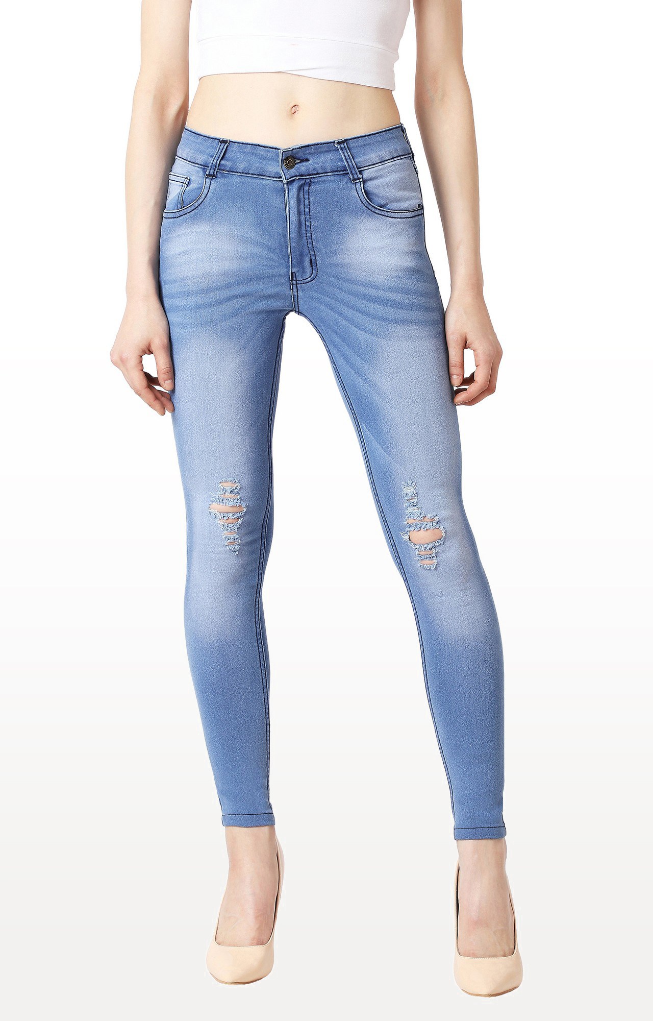 MISS CHASE | Women's Blue Solid Ripped Jeans