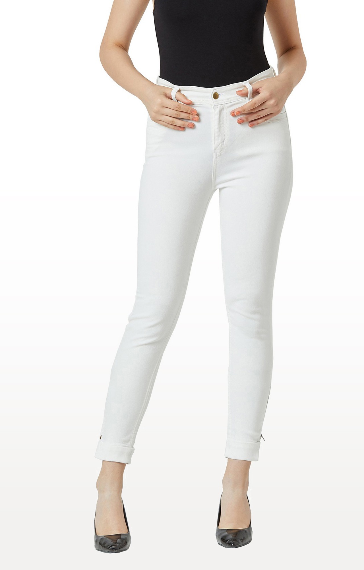 MISS CHASE | Women's White Solid Slim Jeans