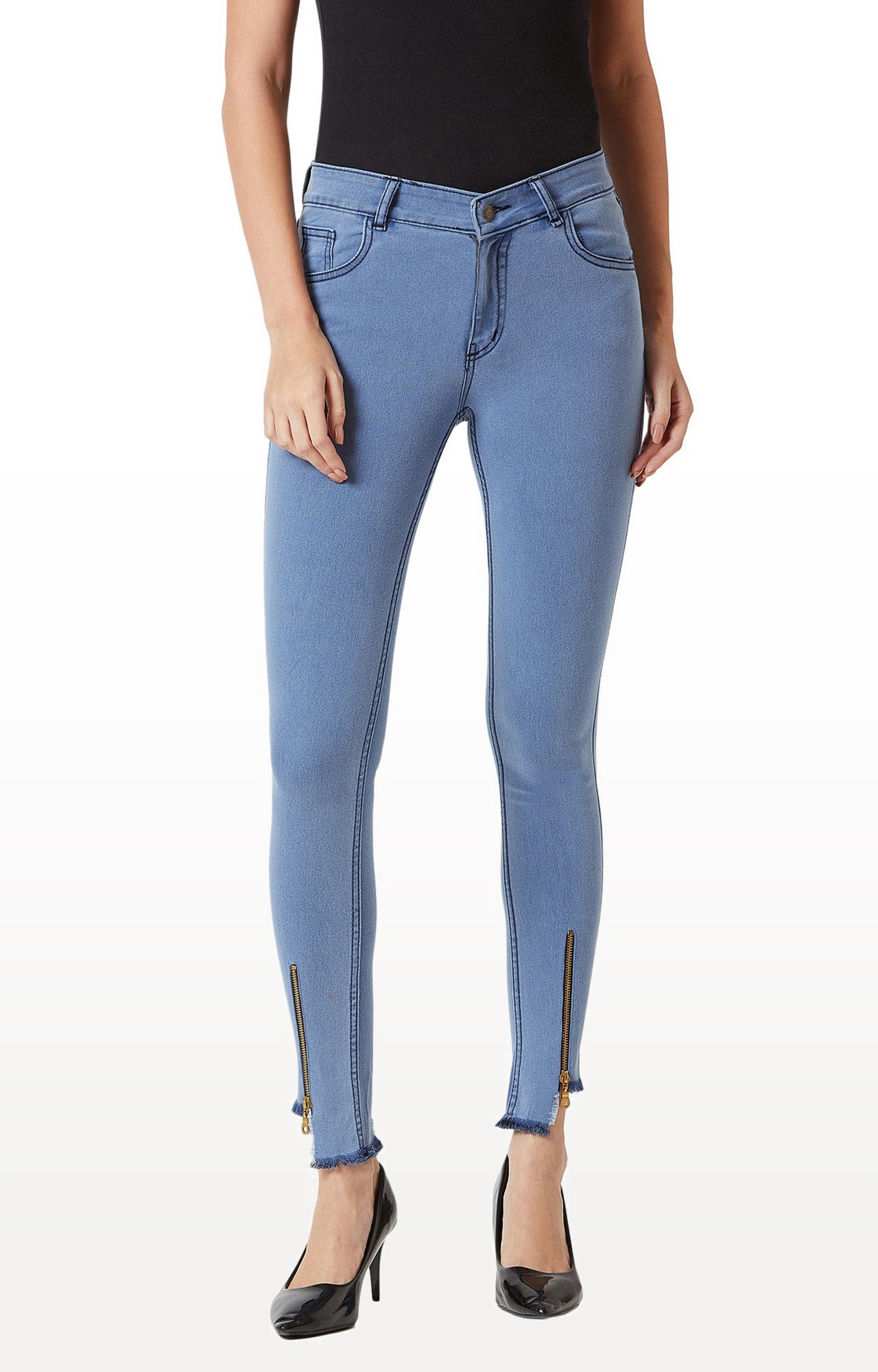 MISS CHASE | Women's Blue Solid Slim Jeans