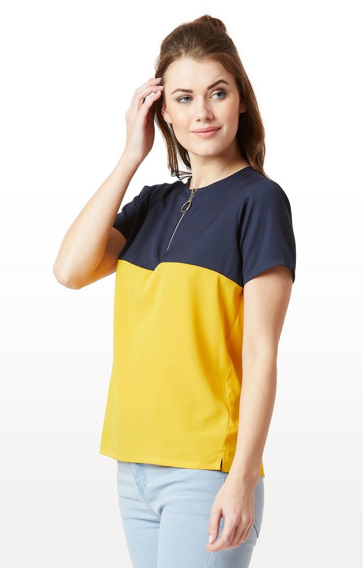 Women's Blue Crepe ColourblockCasualwear Regular T-Shirts