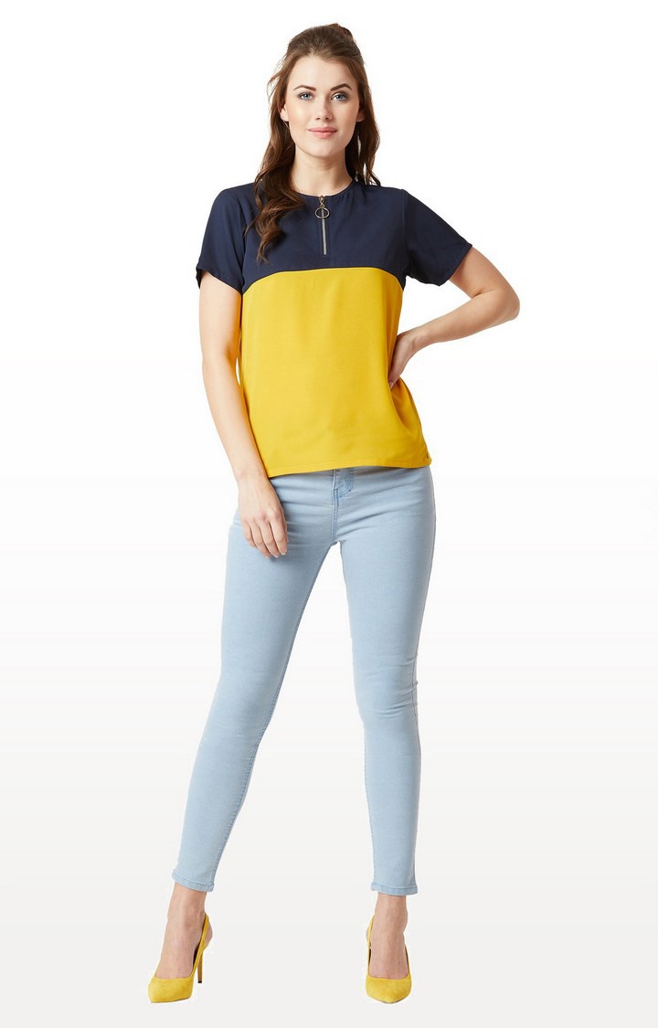 Women's Blue Crepe ColourblockCasualwear Regular T-Shirts