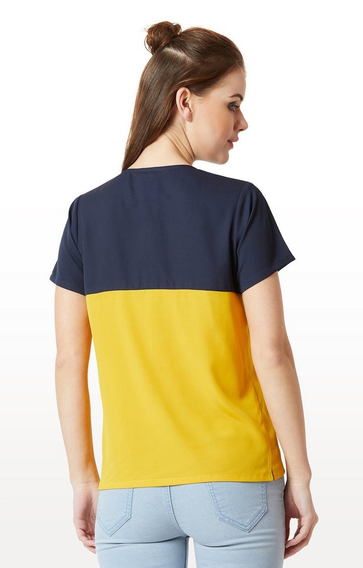 Women's Blue Crepe ColourblockCasualwear Regular T-Shirts