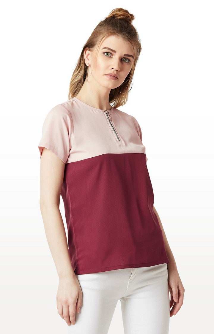 Women's Pink Crepe ColourblockCasualwear Regular T-Shirts