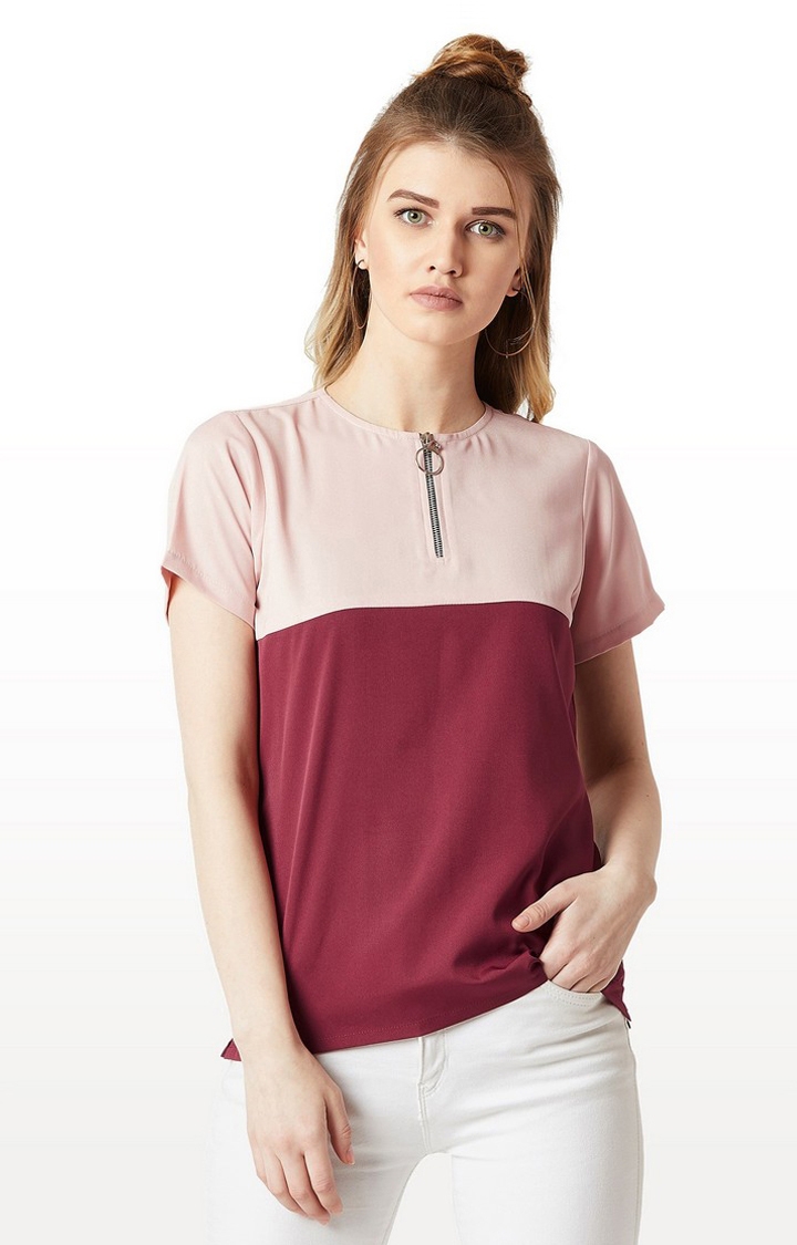 Women's Pink Crepe ColourblockCasualwear Regular T-Shirts