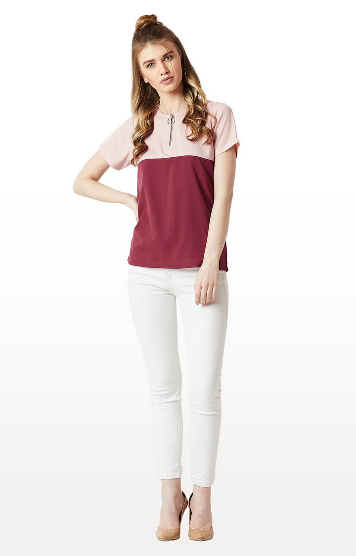 Women's Pink Crepe ColourblockCasualwear Regular T-Shirts
