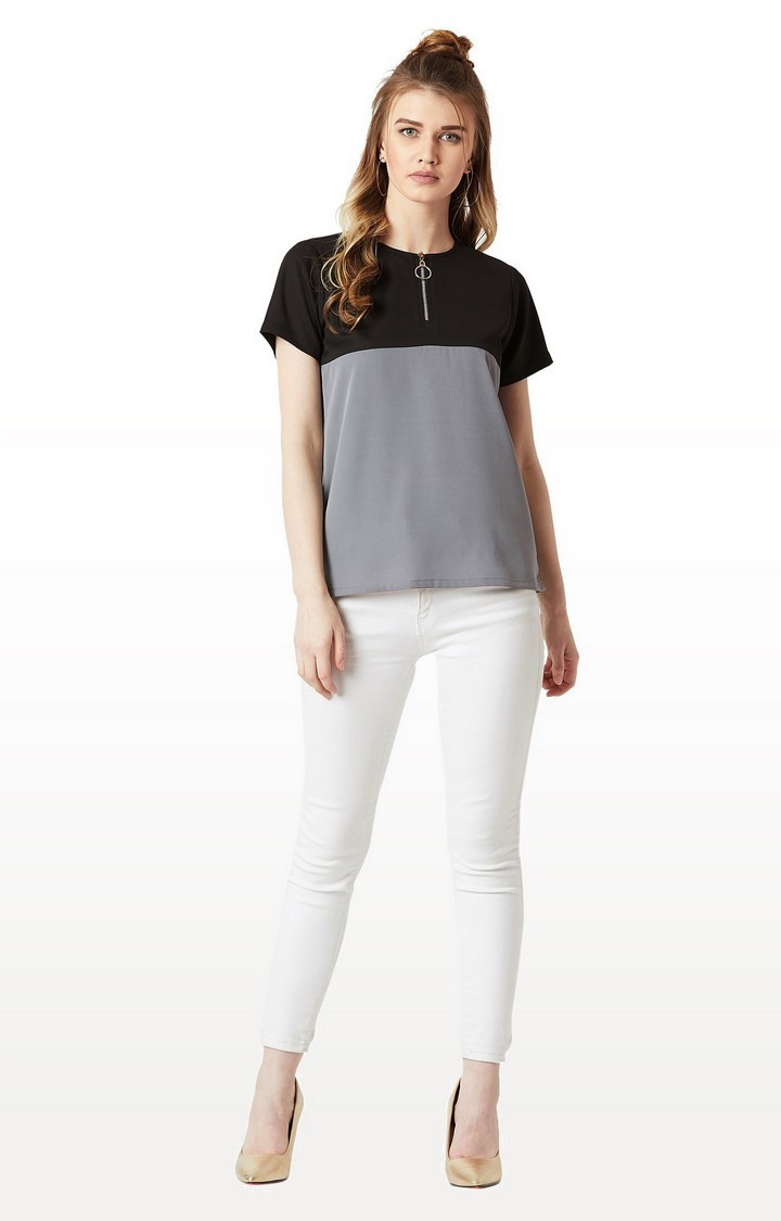 Women's Black Crepe ColourblockCasualwear Regular T-Shirts