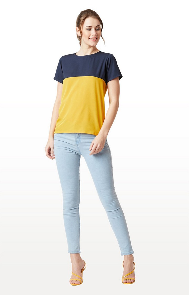 Women's Blue Crepe ColourblockCasualwear Regular T-Shirts