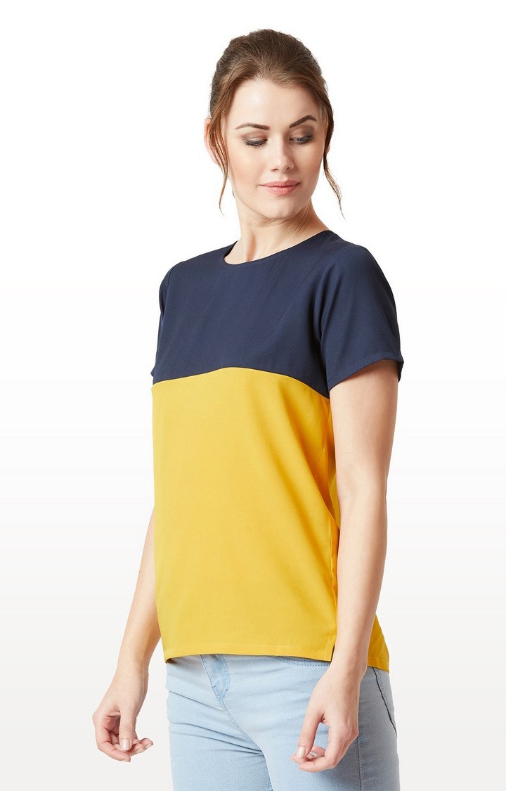 Women's Blue Crepe ColourblockCasualwear Regular T-Shirts