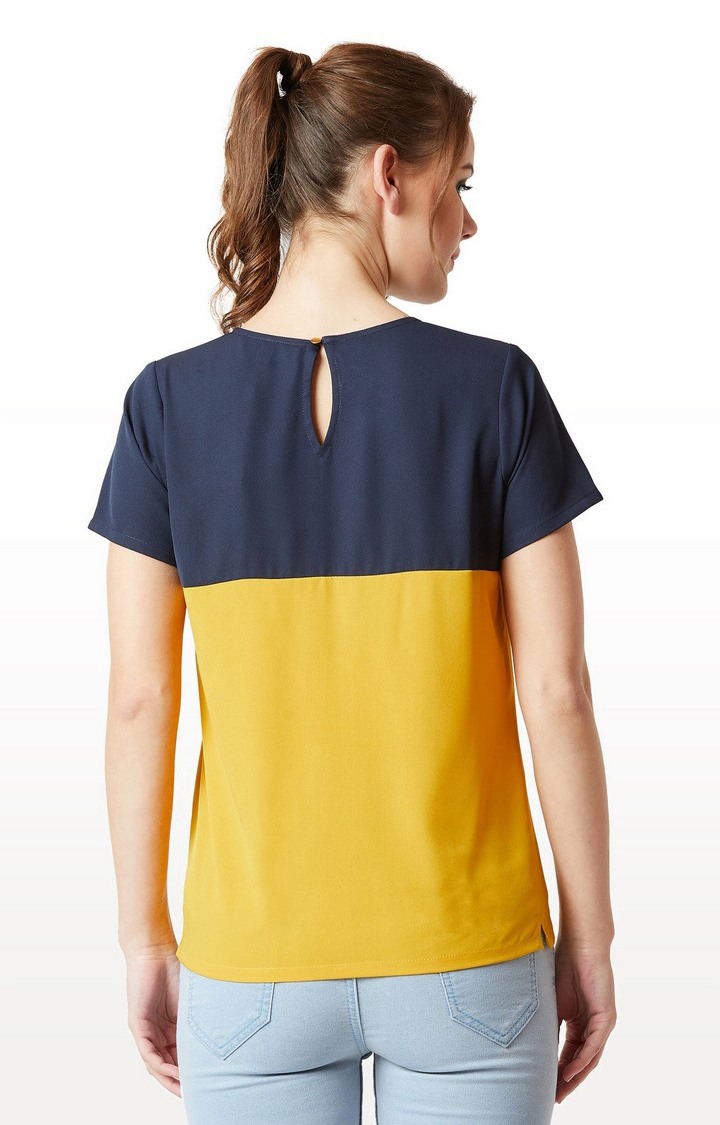 Women's Blue Crepe ColourblockCasualwear Regular T-Shirts