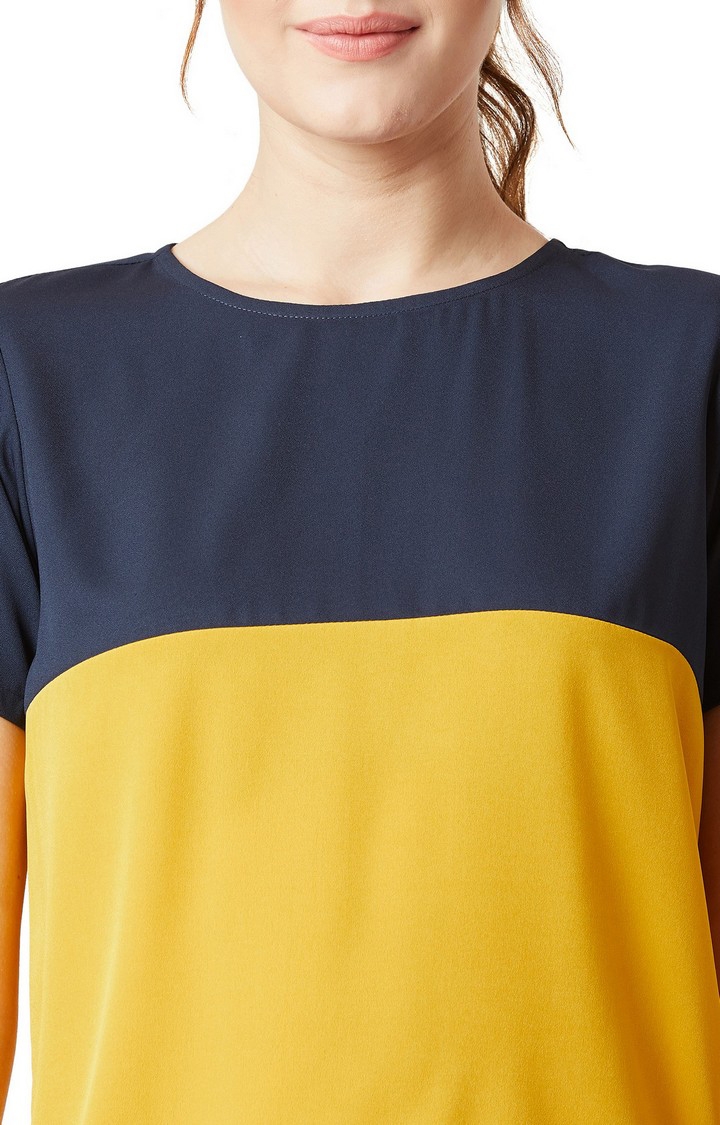 Women's Blue Crepe ColourblockCasualwear Regular T-Shirts