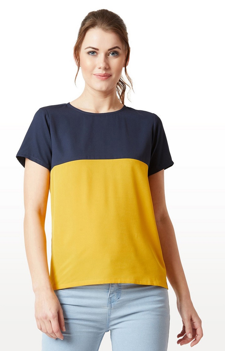 MISS CHASE | Women's Blue Crepe ColourblockCasualwear Regular T-Shirts