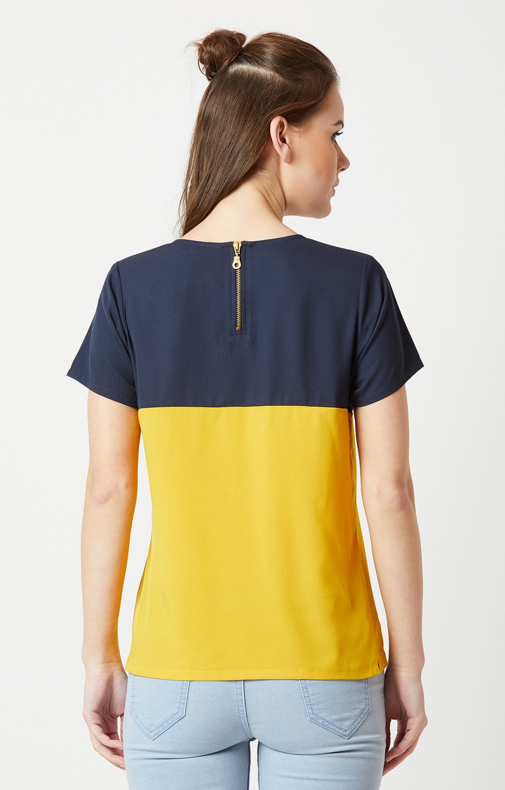 Women's Blue Crepe ColourblockCasualwear Regular T-Shirts