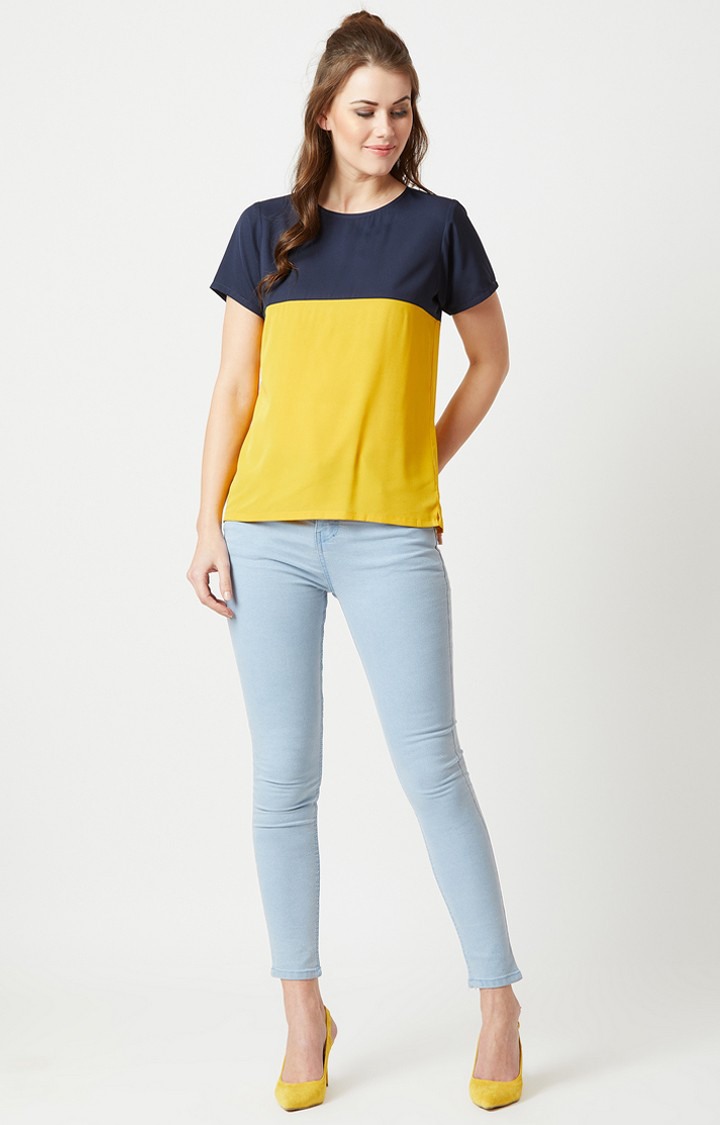 Women's Blue Crepe ColourblockCasualwear Regular T-Shirts