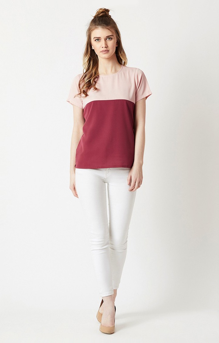 Women's Pink Crepe ColourblockCasualwear Regular T-Shirts