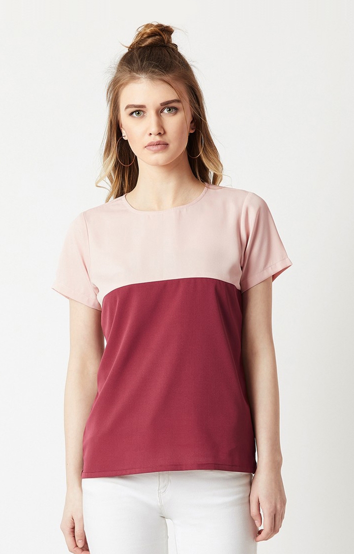 MISS CHASE | Women's Pink Crepe ColourblockCasualwear Regular T-Shirts