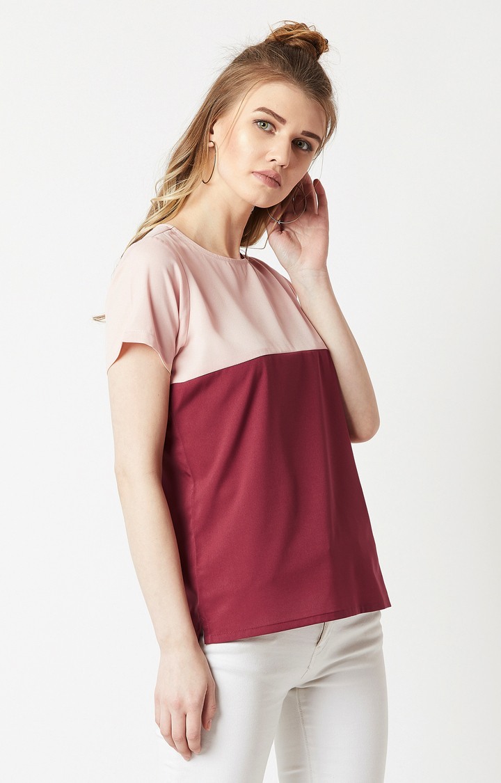 Women's Pink Crepe ColourblockCasualwear Regular T-Shirts