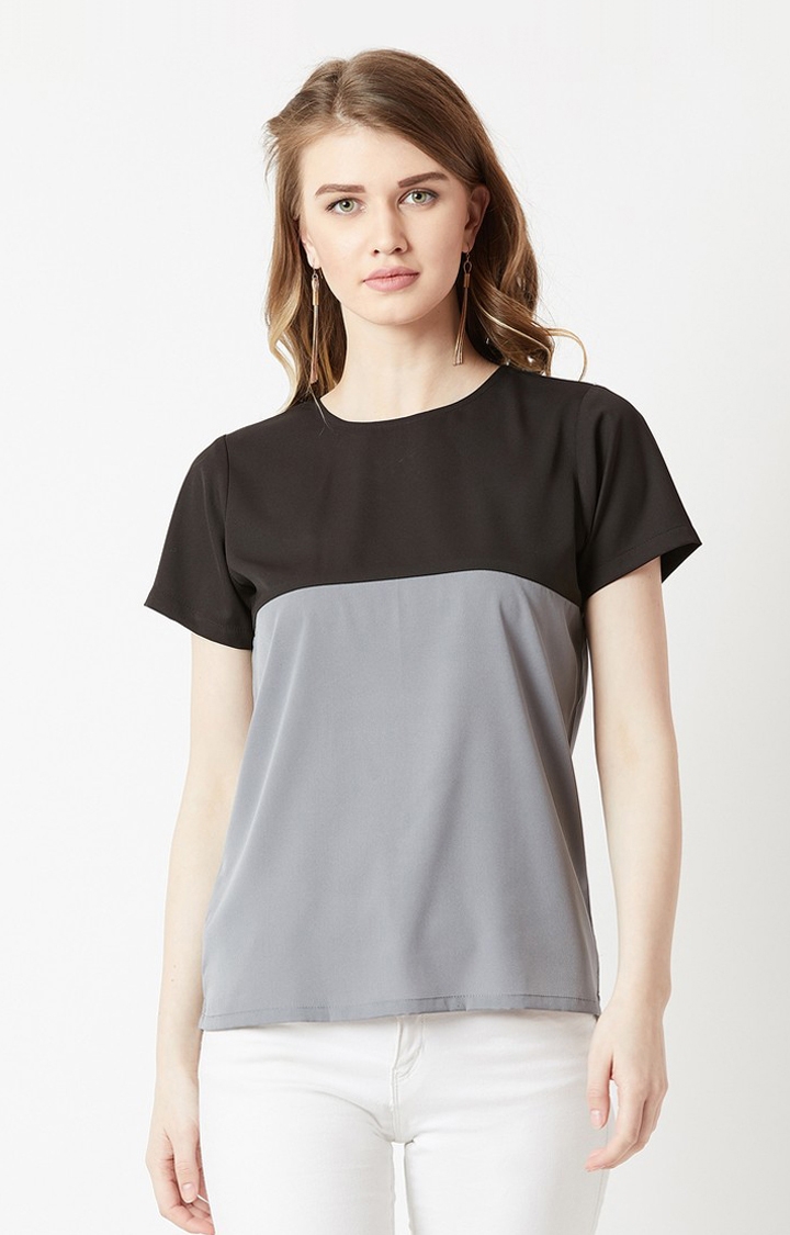 MISS CHASE | Women's Black Crepe ColourblockCasualwear Regular T-Shirts