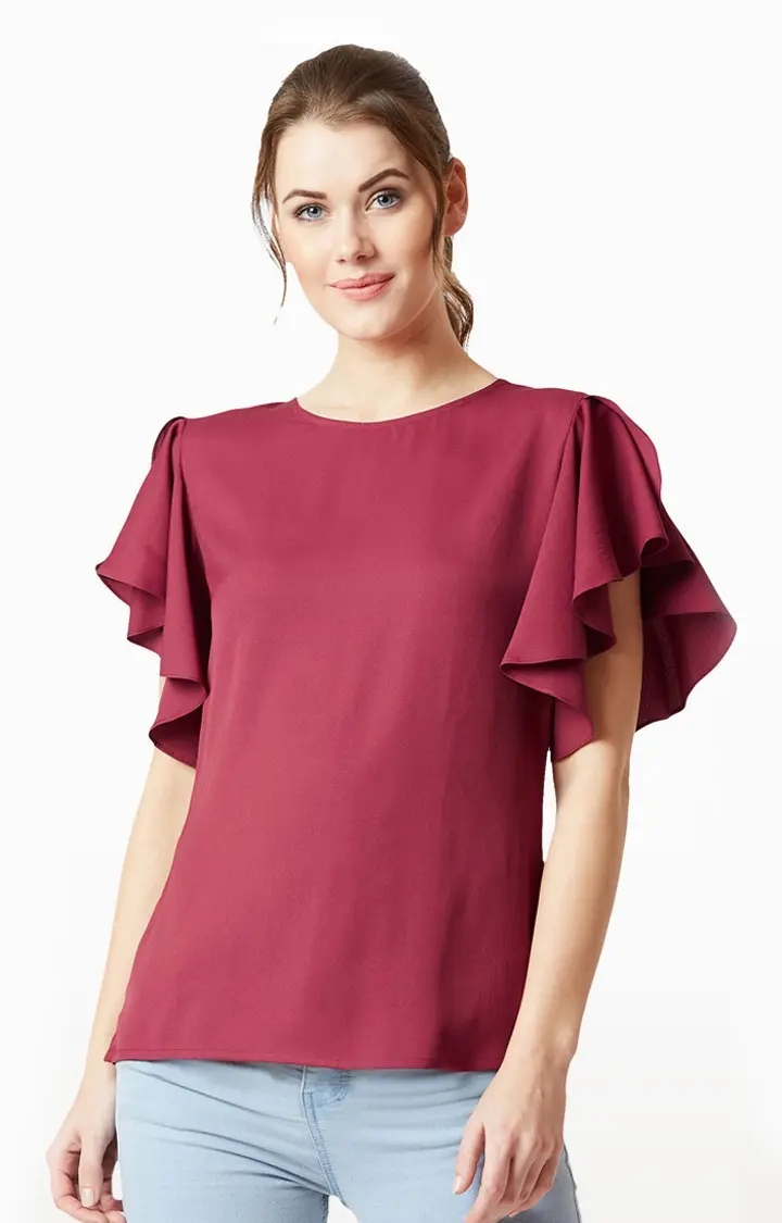 MISS CHASE | Women's Red Crepe SolidCasualwear Tops