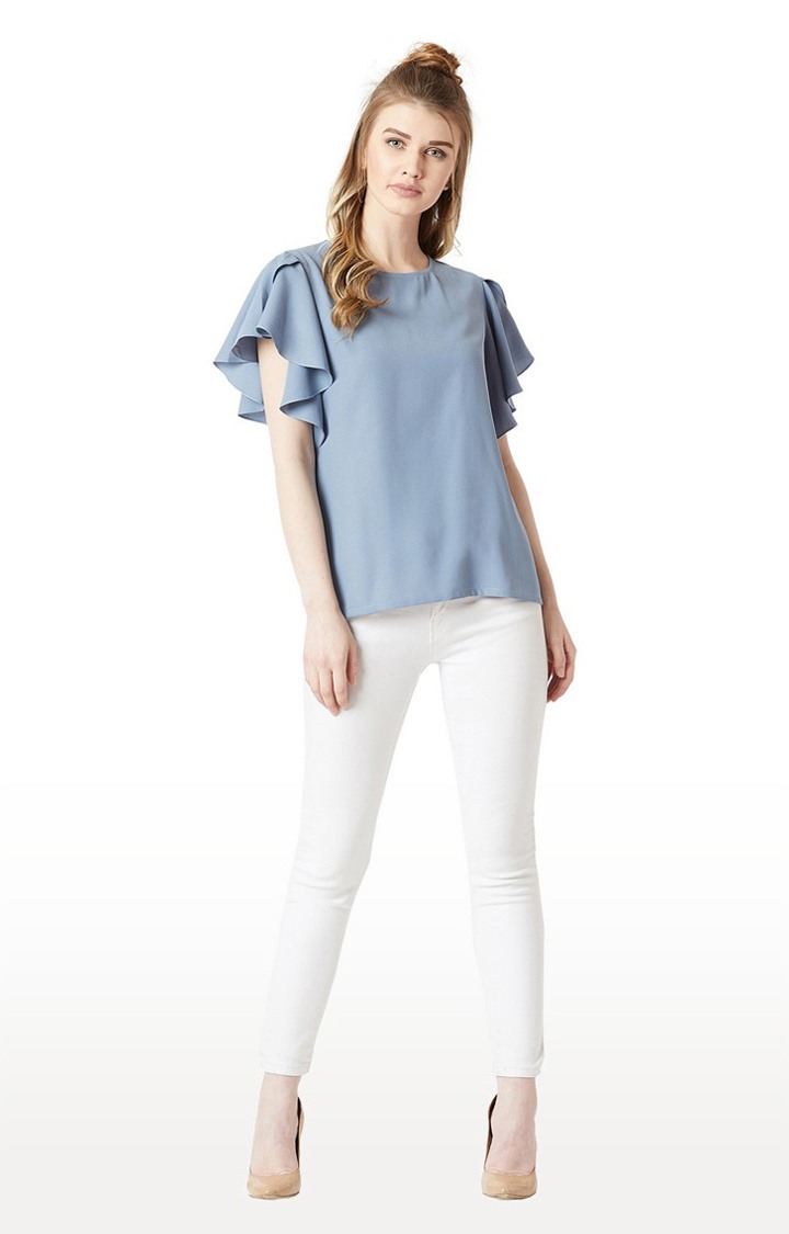 Women's Blue Crepe SolidCasualwear Tops