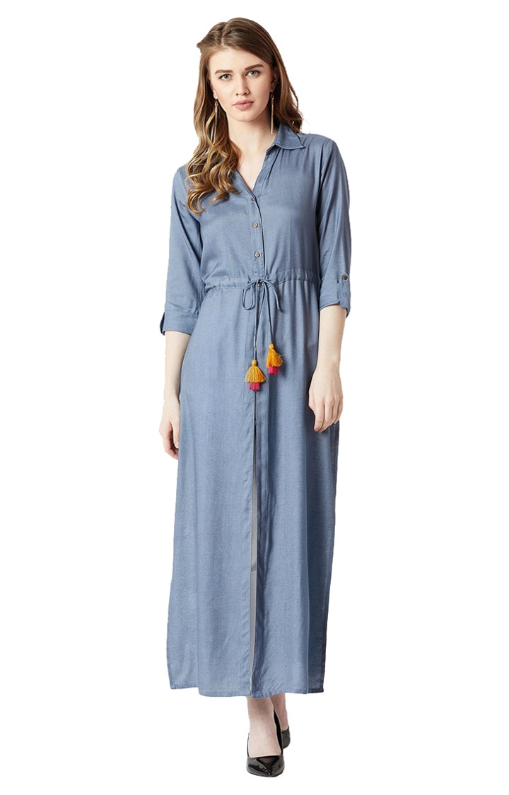 MISS CHASE | Women's Blue Rayon SolidCasualwear Maxi Top