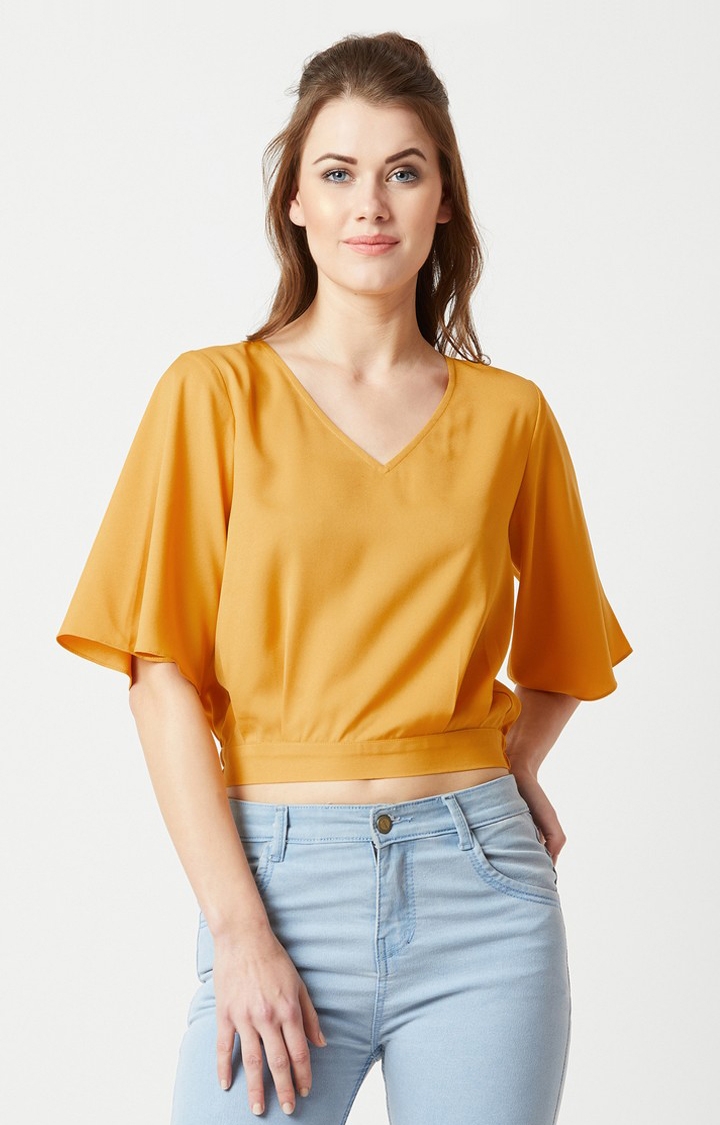 MISS CHASE | Women's Yellow Crepe SolidCasualwear Crop Top