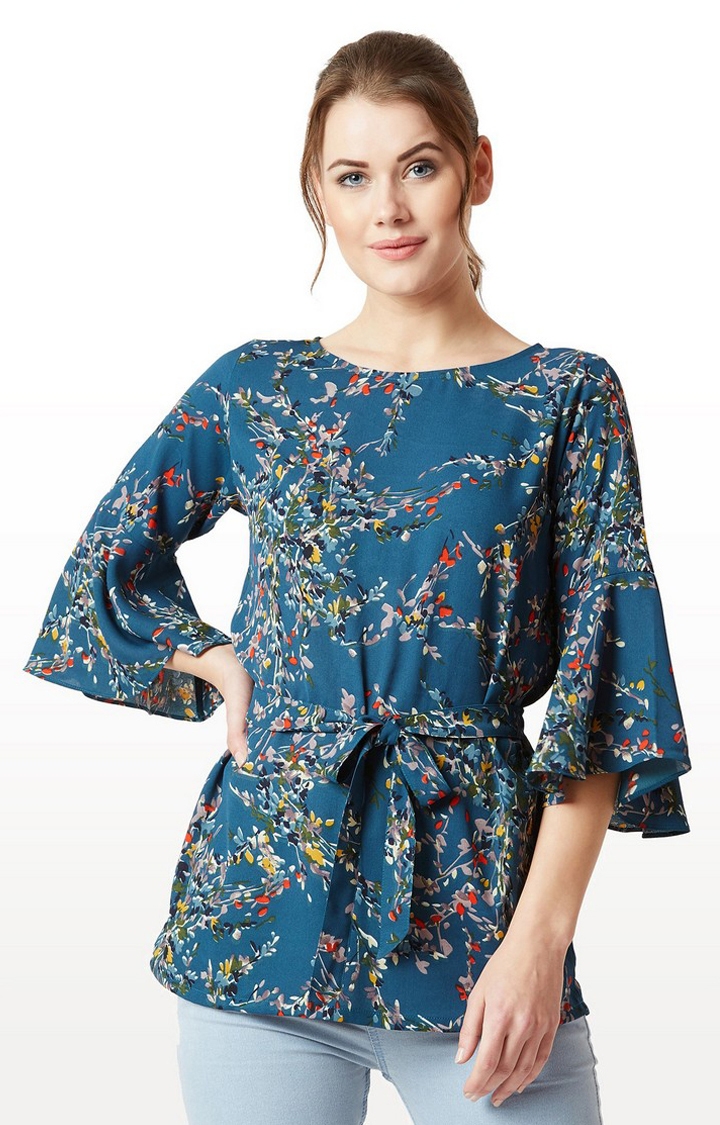 MISS CHASE | Women's Blue Crepe FloralCasualwear Tunics